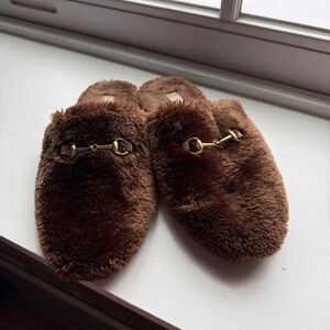 Ann Taylor Brown Faux-Fur Horsebit Mules